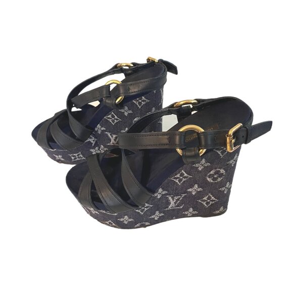 Louis Vuitton Navy Blue LV Monogram Denim & Leather Wedge Sandals Size 36/US 6 - Picture 2 of 13
